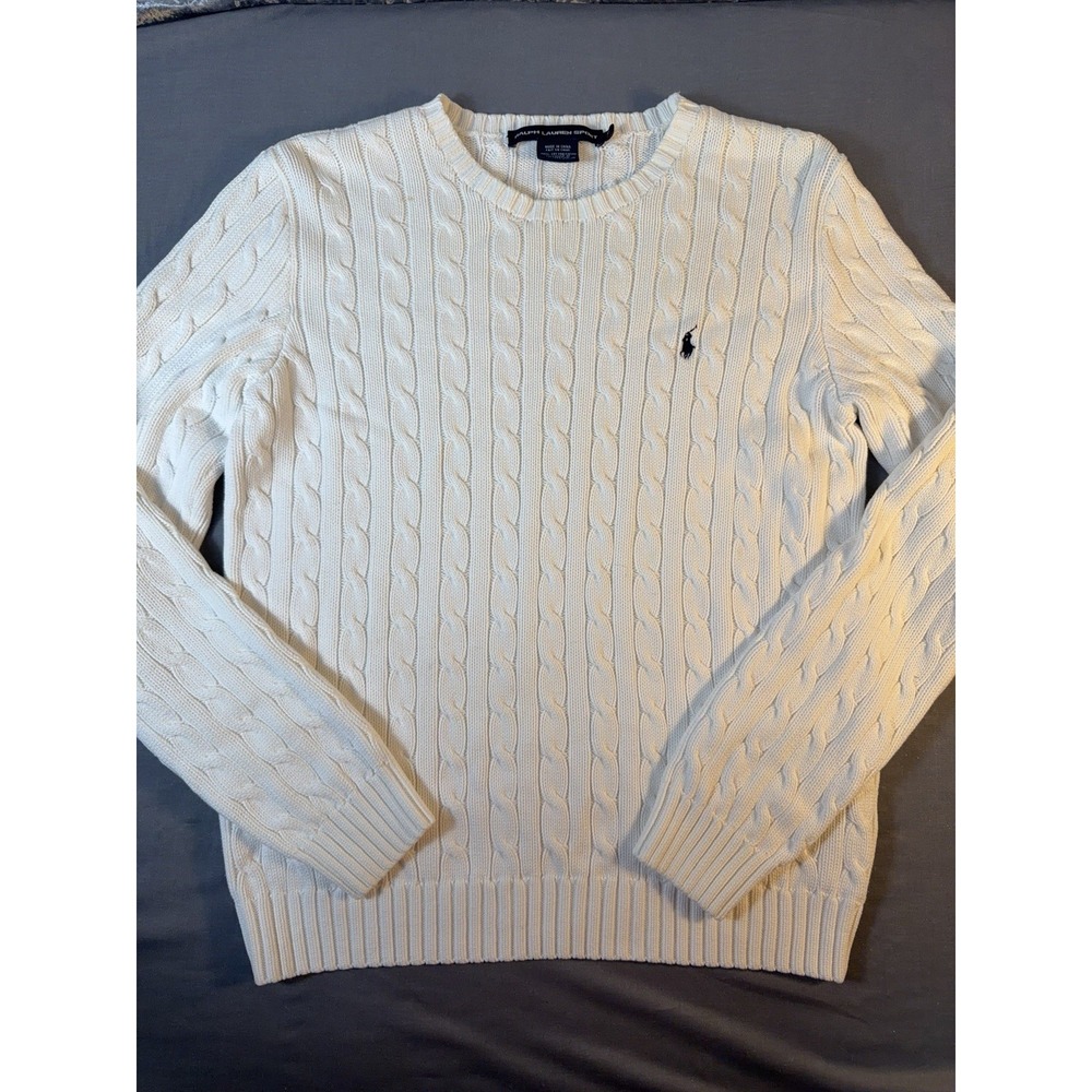 Vintage Ralph Lauren Sport Sweater Women XL White Cable Knit Cotton Pony Y2K
